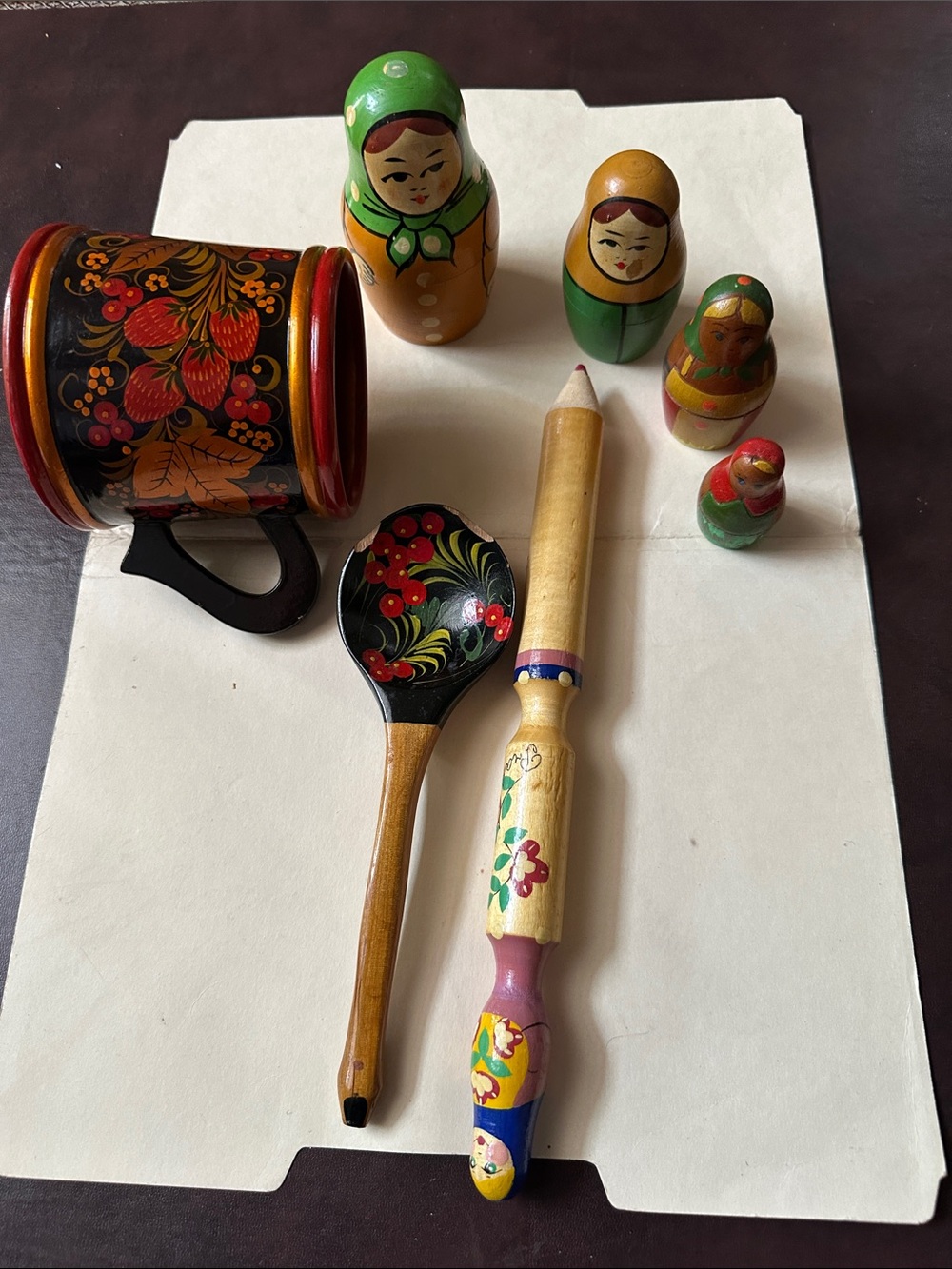 Hand-Painted Russian Nesting Dolls & Folk Spoons Set - Green, Red, Yellow